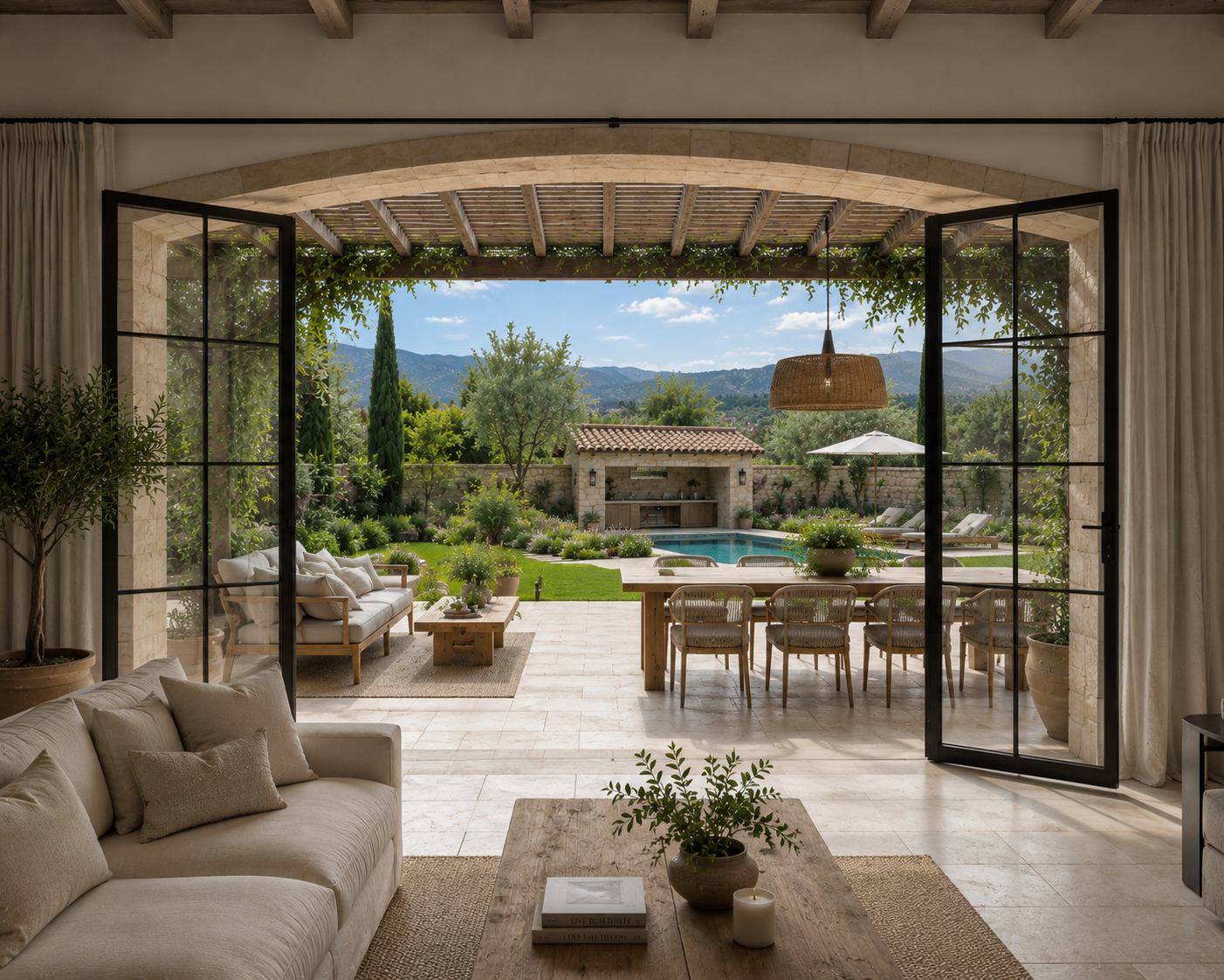Vista exterior de Villa Olive Hills con piscina y paisaje mediterráneo